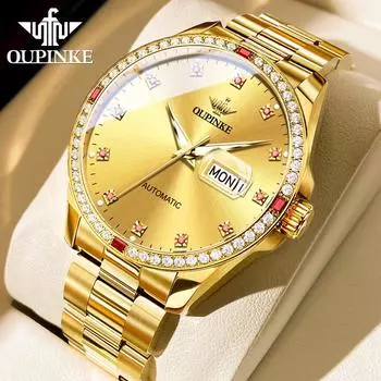Часы OUPINKE, автоматические механические часы, деловые водонепроницаемые мужские часы с двойным календарем, мужские часы