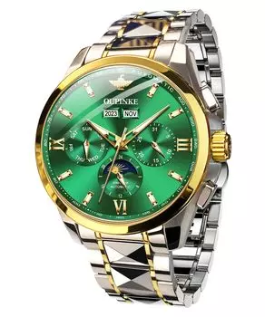 Часы OUPINKE Cool Green Dial Automatic Skeleton Silver Date Luminous Sapphire Tungram Steel 5 ATM Waterproof Green Mens Day/Night