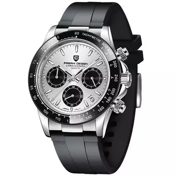 Часы PAGANI DESIGN с японским кварцевым механизмом SEIKO Daytona Chronograph с корпусом, водонепроницаемым керамическим безелем, деловые, деловые, нарядные, из нержавеющей стали серебряный
