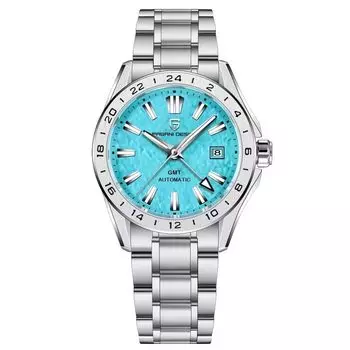Часы PAGANI DESIGN Сделано в Японии GMT Hand Automatic Movement Механический корпус в комплекте Водонепроницаемые деловые наручные часы для костюма Ремешок из нержавеющей стали небесно-голубой