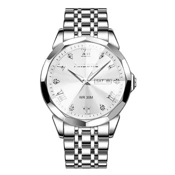 Часы PINDOWS с бриллиантами, деловые, аналоговые, кварцевые, роскошные, водонепроницаемые, с подсветкой, двухцветный браслет из нержавеющей стали, классические, модные, мужские