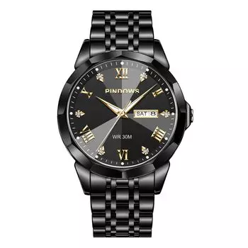 Часы PINDOWS с бриллиантами, деловые, аналоговые, кварцевые, роскошные, водонепроницаемые, с подсветкой, двухцветный браслет из нержавеющей стали, классические, модные, мужские