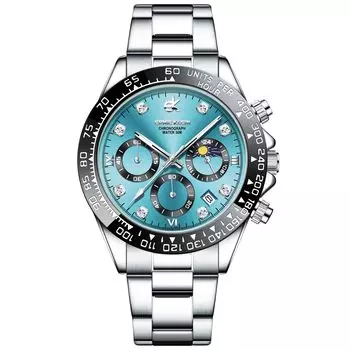 Часы Популярный Бренд Кварцевые Наручные Часы Хронограф Фаза Луны Кристалл Водонепроницаемые Светящиеся Часы Дата для Мужчин Синий Свет Мужские