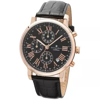 Часы простые тонкие аналоговые кварцевые бизнес-хронограф кожаный ремешок розовое золото черный с крестом PGBK [Salvatore Marra] мужские мужские [Товар]