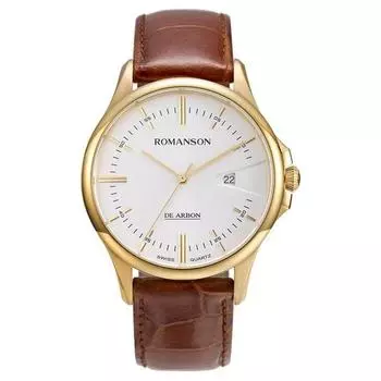 Часы Romanson D Arbon Date Gold Case Коричневые кожаные часыRWCBMM5A1000GOWH0 + подарочный пакет