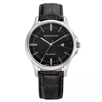 Часы Romanson DeArbonn Slick Date с черным циферблатом, черные кожаные часыRWCBMM5A1000WHBK0 + подарочный пакет