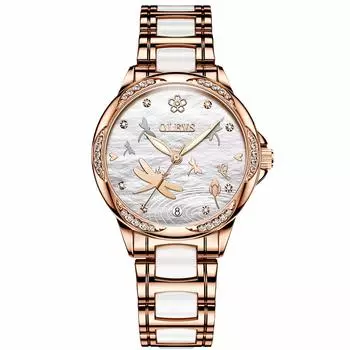 Часы RORIOS, милые, стильные, механические, с автоподзаводом, украшение в виде стрекозы, светящийся, полый, керамический ремешок, деловые, женские, белые белый