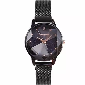 Часы RORIOS Starry Sky Watch for Sparkling Quartz Analog Magnetic Mesh Рождественский подарок для чернокожих женщин, Часы, Ремешок, Для нее, чёрный