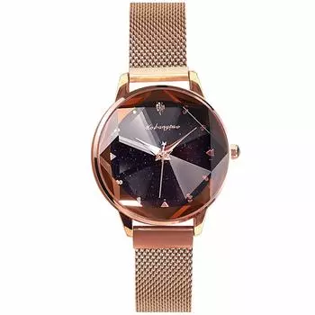Часы RORIOS Starry Sky Watch for Sparkling Quartz Analog Magnetic Mesh Рождественский подарок для женщин из розового золота, часы, ремешок, для нее, розового золота