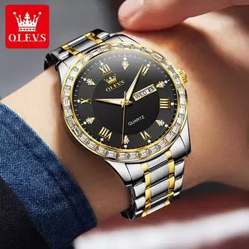Часы с бриллиантами и кварцевыми часами для мужчин из нержавеющей стали, водонепроницаемые, золотые, роскошные, с двойным календарем, мужские деловые наручные часы серый