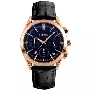 Часы с черным кожаным ремешком на руку, хронограф, водонепроницаемые, брендовые, аналоговые, деловые, стильные, повседневные, светящиеся, роскошные, подарочные, наручные, для мужчин, SKMEI