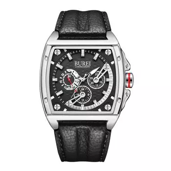 Часы с хронографом, аналоговые кварцевые часы, квадратный дизайн, водонепроницаемые, черный кожаный ремешок, часы с выбором даты [BUREI] Мужские Мужские Мужские