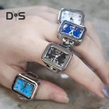 Часы с кольцом на палец, регулируемый эластичный ремешок из нержавеющей стали, прямоугольное кольцо для мужчин и женщин, кварцевые часы, кольцо, подарок на день рождения, модные аксессуары чёрный