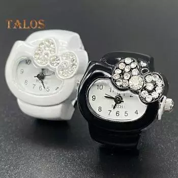 Часы с кольцом на палец с рисунком кота, стразами и бантом, эластичный ремешок из нержавеющей стали, женские часы, кольцо на палец, подарок на день рождения, модные аксессуары жёлтый