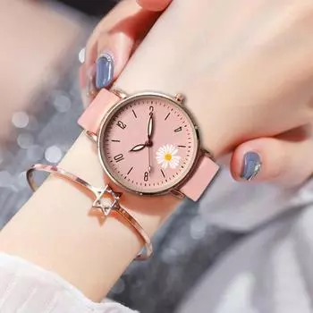 Часы с маленькими ромашками, женские модные повседневные часы с кожаным ремнем, простые женские кварцевые часы с маленьким циферблатом, платье, наручные часы