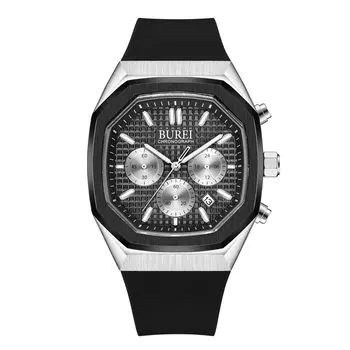Часы с прямоугольным циферблатом, хронограф, кварцевые часы, аналоговые, водонепроницаемые, дата, черный уретановый ремень, часы в подарок [BUREI] Мужские Мужские Мужские