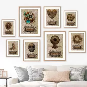 Часы с шестернями, ключами, сердцем, черепом, стимпанк, настенная живопись на холсте, винтажные постеры и принты, настенные панно для декора гостиной A4 21X30cm No Framed