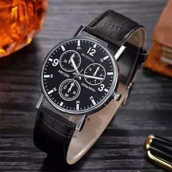 Часы с тремя глазами, кварцевые мужские часы, синие стеклянные часы с поясом, мужские