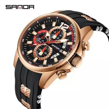 Часы SANDA Многофункциональные наручные часы с силиконовым ремешком Водонепроницаемые светящиеся кварцевые часы с хронографом чёрный