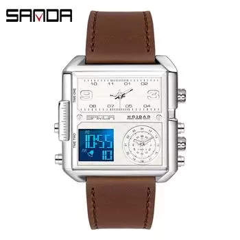 Часы SANDA с большим циферблатом, многофункциональные, тройной механизм, спортивные, мужские электронные кварцевые часы