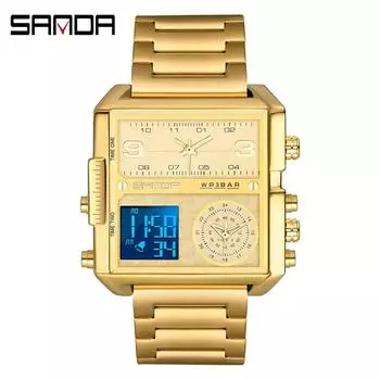 Часы SANDA с большим циферблатом, многофункциональные, тройной механизм, спортивные, мужские электронные кварцевые часы серебряный