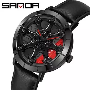 Часы SANDA со стальным ремнем, модные повседневные мужские часы с крутым циферблатом, кварцевые часы на колесе автомобиля чёрный
