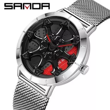 Часы SANDA со стальным ремнем, модные повседневные мужские часы с крутым циферблатом, кварцевые часы на колесе автомобиля чёрный