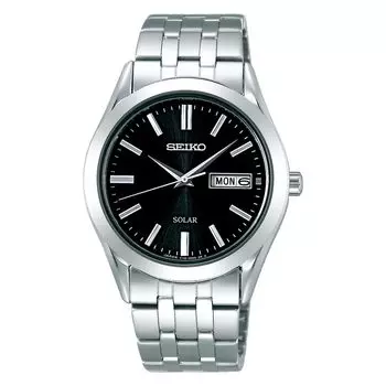 [Часы Seiko] Часы Seiko Selection Solar с черным циферблатом, сапфировым стеклом, датой/днем недели, SBPX083, мужские, серебристые