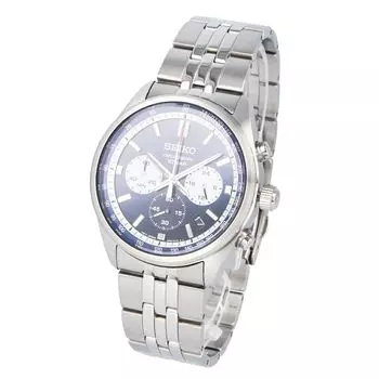 Часы SEIKO CHRONOGRAPH водонепроницаемые кварцевые аналоговые хронограф из нержавеющей стали, металл, темно-синий, белый SSB427P мужские [Товар]