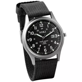 Часы Seiko Водонепроницаемые арабские цифры Имитация военных часов Уличные 24-часовой светящийся указатель Кварцевый большой циферблат Простой нейлоновый ремешок Черный чёрный