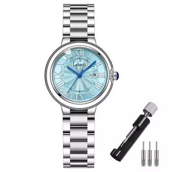 Часы Серебряные наручные часы Водонепроницаемые брендовые стильные деловые часы из нержавеющей стали Роскошный подарок Простые милые синие часы для женщин Женские женские