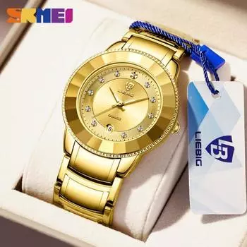 Часы SKMEI для мужчин, повседневные модные часы с двойными бриллиантами, роскошные часы для пар, водонепроницаемые наручные часы из нержавеющей стали для мужчин L1035 золотой