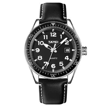 Часы SKMEI с черным кожаным ремешком, большим циферблатом, простые наручные часы, водонепроницаемые, брендовые, аналоговые, деловые, стильные, повседневные, светящиеся, арабские цифры, дата, часы класса люкс