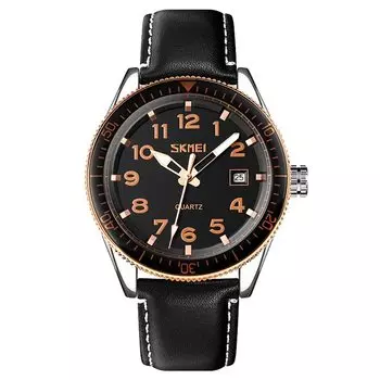 Часы SKMEI с черным кожаным ремешком, большим циферблатом, простые наручные часы, водонепроницаемые, брендовые, аналоговые, деловые, стильные, повседневные, светящиеся, арабские цифры, дата, часы класса люкс