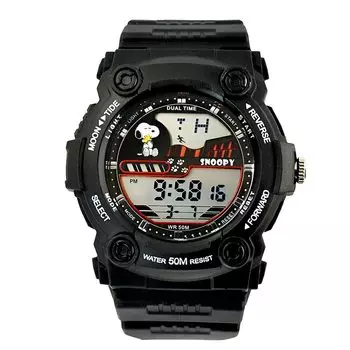 Часы Snoopy 50M Водонепроницаемость 5 ATM Товары Черный x Черный x Черный Циферблат Будильник Цифровой Море Река