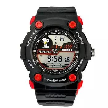 Часы Snoopy 50M Водонепроницаемость 5 ATM Товары Черный x Красный x Черный Циферблат Будильник Цифровой Море Река Светящийся