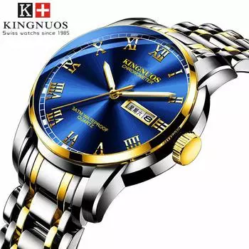 Часы со стальным ремешком и двойным календарем, круглые настоящие кварцевые часы, деловые немеханические часы