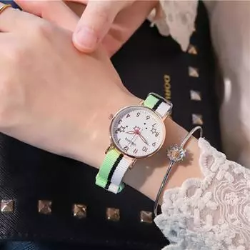 Часы со звездами, ремешок, цветная строчка для женщин, наручные часы, женские нейлоновые часы для девочек, светящиеся кварцевые часы, уникальные