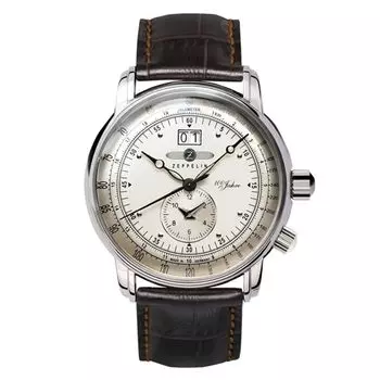 Часы специального выпуска 100 лет 100-летие Серебряный циферблат Нержавеющая сталь Кварцевые кварцевые часы Dual Time Германия Часы коричневые [Zeppelin] 42.3MM 7640-1N