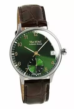 Часы STAC Made in Japan 36 мм, классические, с коричневым ремнем и телячьей кожей, в стиле ретро, унисекс [The Stack] для мужчин и женщин зелёный