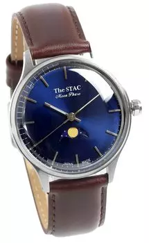 Часы STAC Made in Japan 36 мм, старинные, ретро, унисекс, с полосой фаз Луны, сине-коричневые [The Stack] мужские, женские, ST-MF001 синий