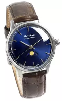 Часы STAC Made in Japan Domestic Watch 36 мм, старинные, ретро, унисекс, с полосой фаз Луны, сине-коричневые, из крокодиловой кожи [The Stack] мужские, женские, ST-MF001 синий