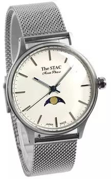 Часы STAC Made in Japan Domestic Watch 36 мм, старинные, ретро, унисекс, с фазами Луны, х белая сетка [The Stack] мужские, женские, ST-MF001