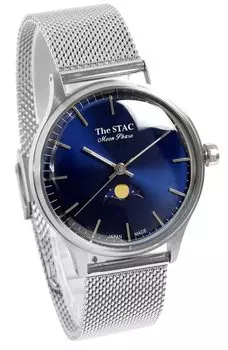 Часы STAC Made in Japan Domestic Watch 36 мм, старинные, ретро, унисекс, с фазами Луны, с синей сеткой [The Stack] для мужчин и женщин ST-MF001 синий