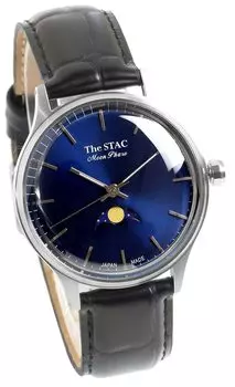 Часы STAC Made in Japan Domestic Watch 36 мм, старинные, ретро, унисекс, с полосой фаз Луны, сине-черные, из крокодиловой кожи [The Stack] мужские, женские, ST-MF001 синий