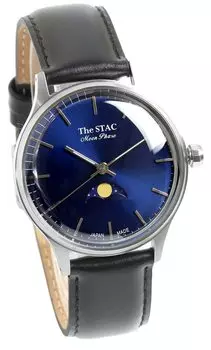 Часы STAC Made in Japan Domestic Watch 36 мм, старинные, ретро, унисекс, с фазами Луны, сине-черные [The Stack] мужские, женские, ST-MF001 синий