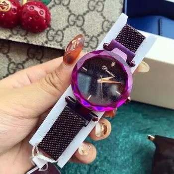 Часы Starry Sky Dial Rhinestone Scale Simple Mesh Belt с магнитной застежкой, водонепроницаемые кварцевые часы