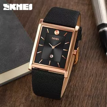 Часы Стильные Простые Розовое Золото Кварцевые Часы Квадратные Кожаный Ремешок Бизнес Мужские Часы