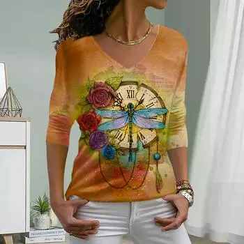 Часы Стрекоза Принт Женские Футболки Женские Топы Длинные Рукава V-образный Вырез Пуловер Femme Футболки Футболка Для Женщин XS зелёный