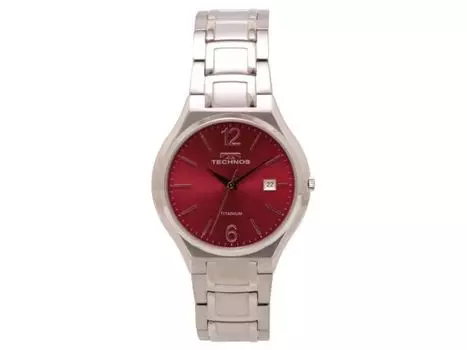 Часы TECHNOS T9B45IR мужские, серебристый, титановый ремешок, красный циферблат, индикатор даты